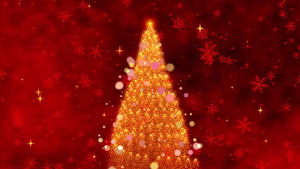 A Magical Christmas Animation Featuring a Sparkling Christmas Tree Surrounded by a Festive Red Background and Shimmering Snowflakes and Stars