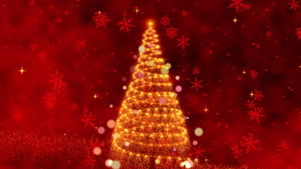 A Magical Christmas Animation Featuring a Sparkling Christmas Tree Surrounded by a Festive Red Background and Shimmering Snowflakes and Stars
