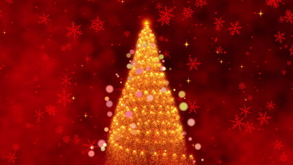 A Magical Christmas Animation Featuring a Sparkling Christmas Tree Surrounded by a Festive Red Background and Shimmering Snowflakes and Stars