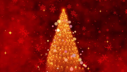 A Magical Christmas Animation Featuring a Sparkling Christmas Tree Surrounded by a Festive Red Background and Shimmering Snowflakes and Stars