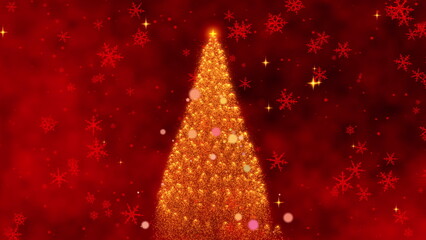 A Magical Christmas Animation Featuring a Sparkling Christmas Tree Surrounded by a Festive Red Background and Shimmering Snowflakes and Stars