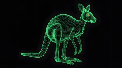 Green wireframe kangaroo illustration on black background stock image art