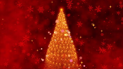 A Magical Christmas Animation Featuring a Sparkling Christmas Tree Surrounded by a Festive Red Background and Shimmering Snowflakes and Stars