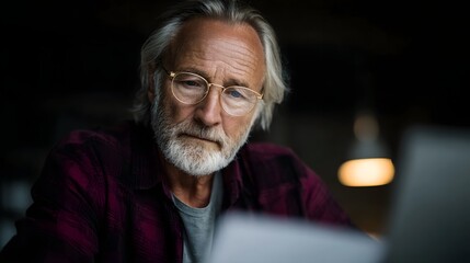 A thoughtful senior man with glasses reviews documents in soft desk lighting focused on planning