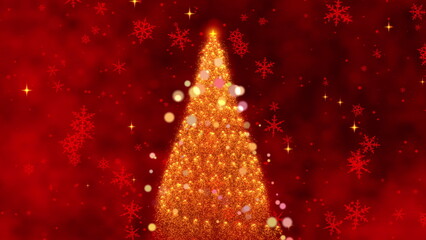A Magical Christmas Animation Featuring a Sparkling Christmas Tree Surrounded by a Festive Red Background and Shimmering Snowflakes and Stars