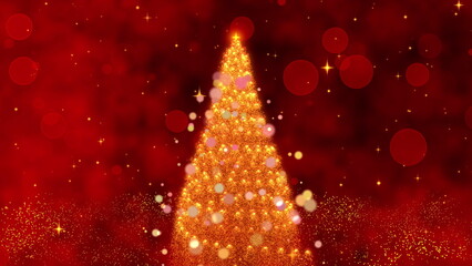 A Magical Christmas Celebration Unfolds: Sparkling Lights and Twinkling Stars Illuminate a Beautifully Decorated Tree Against a Festive Red Background