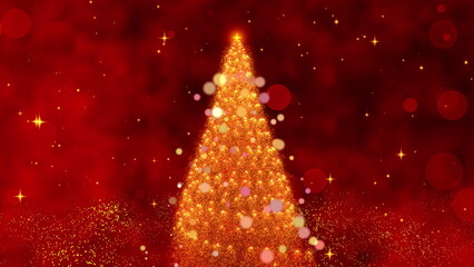 A Magical Christmas Celebration Unfolds: Sparkling Lights and Twinkling Stars Illuminate a Beautifully Decorated Tree Against a Festive Red Background