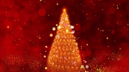 A Magical Christmas Celebration Unfolds: Sparkling Lights and Twinkling Stars Illuminate a Beautifully Decorated Tree Against a Festive Red Background