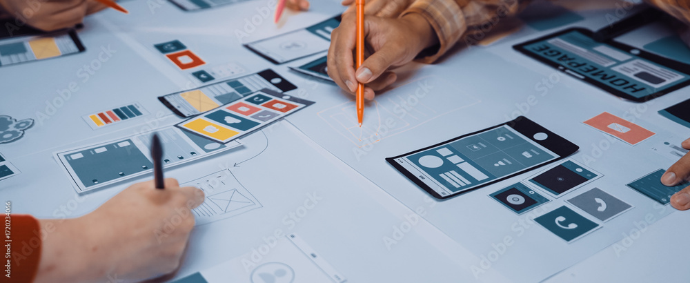 Poster a dynamic scene showcases diverse hands collaborating on a user interface design. with colorful pens