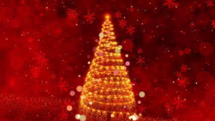 A Magical Holiday Scene Featuring a Sparkling Christmas Tree Surrounded by Glowing Ornaments and Falling Snowflakes in a Warm Red Atmosphere