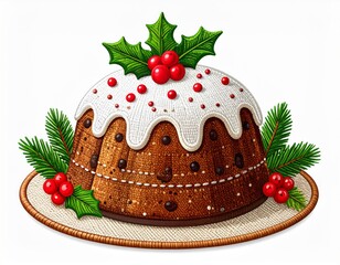 Festive Christmas Pudding with White Icing Holly and Red Berries on a Plate