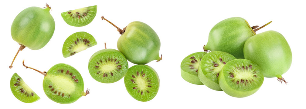 mini kiwi baby fruit or actinidia arguta isolated on white background with full depth of field. Top view. Flat lay