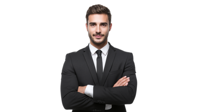 A man in a suit and tie is standing with his arms crossed