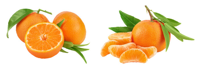 Tangerine or clementine with green leaf isolated on white background with full depth of field.