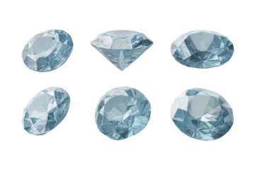 Collection of six sparkling blue diamonds in various cuts on black background, cut out