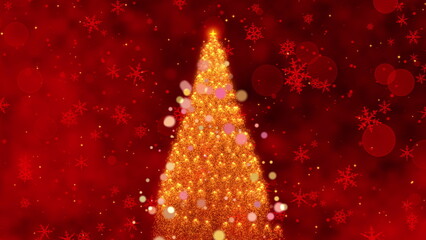 A Magical Holiday Scene Featuring a Sparkling Christmas Tree Surrounded by Glowing Ornaments and Falling Snowflakes in a Warm Red Atmosphere