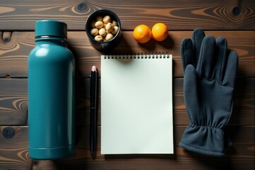 Winter outdoor essentials including gloves, thermos, popcorn, and notebook on rustic table.