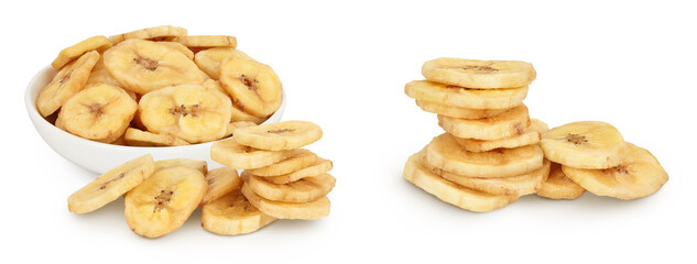 Dried banana chips isolated on white background with full depth of field