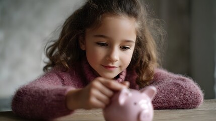 Young girl thoughtfully deposits a coin into a pink piggy bank symbolizing early financial literacy