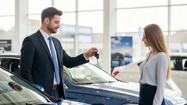 Car Dealership Salesman handing keys to happy buyer.