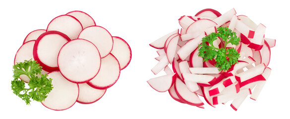 Radish slices isolated on white background. Top view. Flat lay