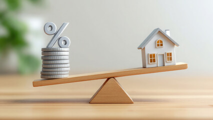 The delicate financial equilibrium between housing prices and mortgage interest rates, conceptualized by a balanced seesaw with a home and money