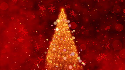 A Magical Holiday Scene Featuring a Sparkling Christmas Tree Surrounded by Glowing Ornaments and Falling Snowflakes in a Warm Red Atmosphere