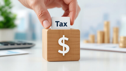 Financial planning and tax management A hand places a 'Tax' block into a dollar sign cube, symbolizing fiscal responsibility, income, and business finances