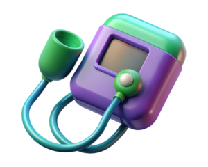 Cartoonish blood pressure monitor in purple and green health medical device 3d illustration isolated on transparent background