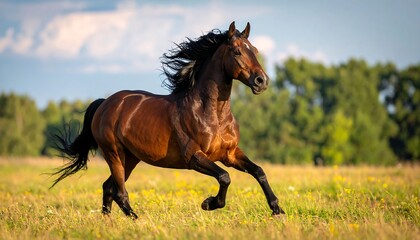 A brown horse running in a field