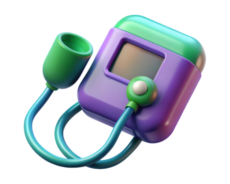 Cartoonish blood pressure monitor in purple and green health medical device 3d illustration isolated on transparent background