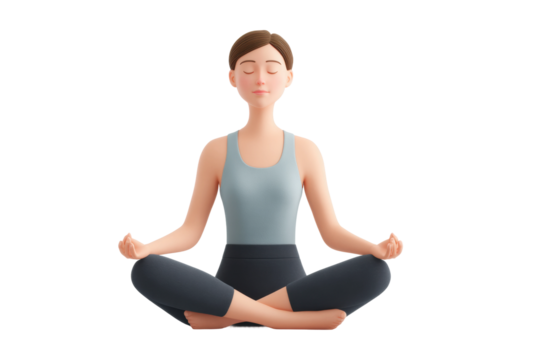 Animated female practicing yoga meditation in lotus pose, cut out