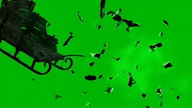 Skeleton Reindeer Sleigh Crash - A broken wooden sleigh pulled by a skeleton reindeer crashes against a green screen background, with splinters flying.