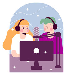 Two People Recording a Podcast with Microphone and Computer Illustration.