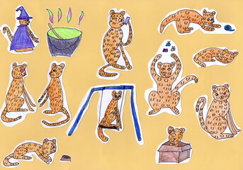 Leopard stickers on a yellow background. Children's applique