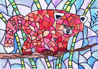 A red panda standing on a branch. Stained glass sketch. Children's drawing