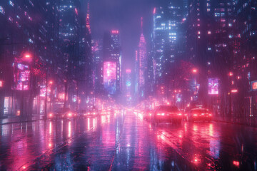 Fototapeta premium Neon cityscape shimmering at night.