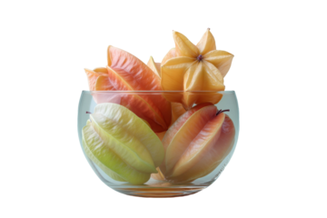 Colorful starfruit in glass bowl with black background, cut out
