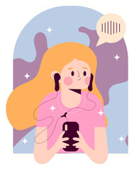 Woman with Blonde Hair Listening to Music on Phone with Speech Bubble.
