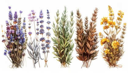 Botanical Watercolor Illustrations of Lavender and Yellow Flowers Set Against White Background