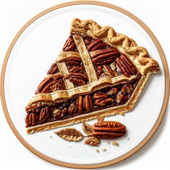Slice of Pecan Pie with Decorative Lattice Crust on White Plate Background