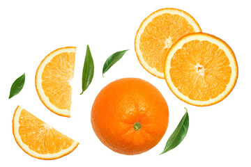 Orange fruit slices isolated on white background. Top view. Flat lay.