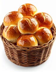Fresh Golden Brown Kaiser Rolls in Wicker Basket Isolated on White