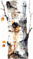 Watercolor Painting of an Isolated Birch Tree Trunk with Orange Leaves on White Background Art Illustration