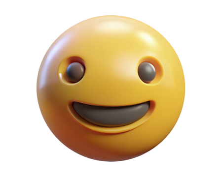 Cheerful yellow smiling emoji face with a wide grin and happy expression 3d illustration isolated on transparent background