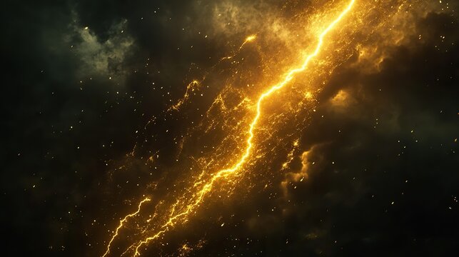 A blinding golden lightning bolt slashes across a dark stormy night sky, illuminating dense thunderclouds in radiant flashes.