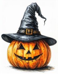 Grinning Pumpkin With Black Witch Hat on White Background Detailed October Halloween Illustration