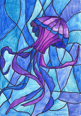 Jellyfish underwater. Stained glass sketch. Children's drawing