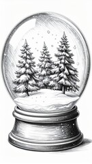 Ink Sketch Illustration of Winter Scene Inside a Snow Globe on a White Background