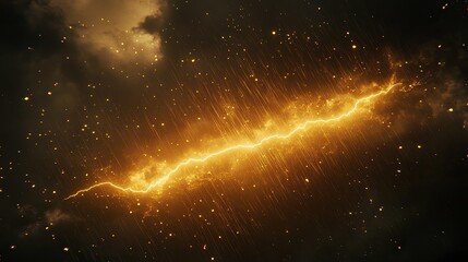 A blinding golden lightning bolt slashes across a dark stormy night sky, 